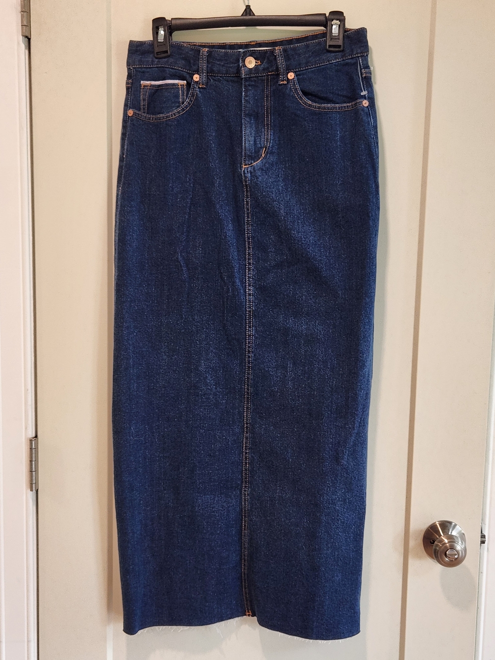 NWT Denim Skirt Tribal Blue Thread Premium Dark Wash Maxi Slit - Size 2 Waist 29